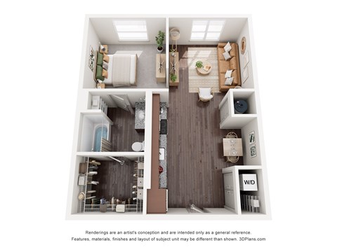 A 3D floor plan of a small apartment with a living room, kitchen, and bedroom.